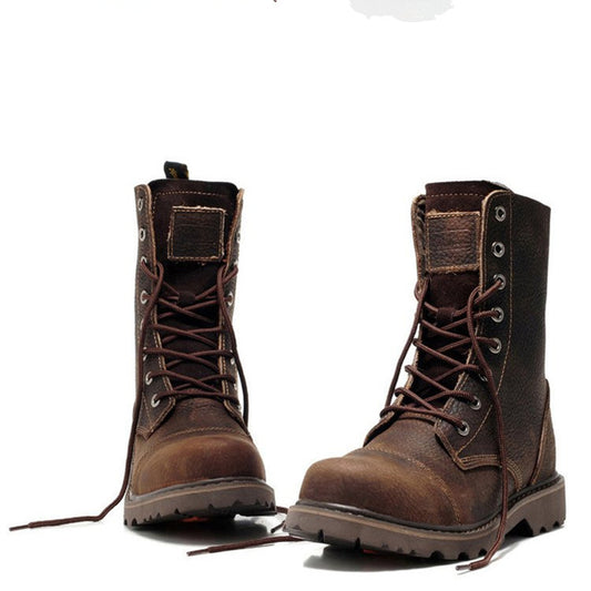 HOT! Genuine Leather Mens Round Toe Lace Up Mid-calf Boots Work Safety Soldiers Ridding Boots Man Winter Snow Boots - LiveTrendsX