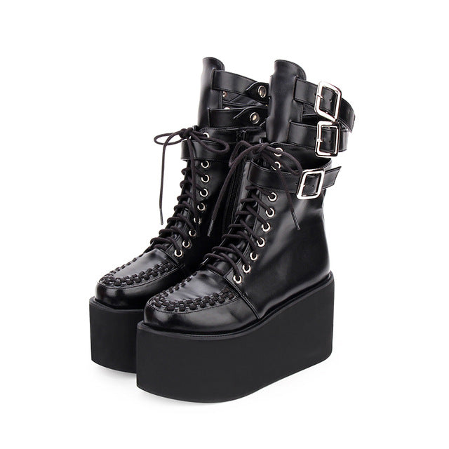 Fashion Spring Women High Heels Platform Shoes Dark Gothic Short Boots New College Muffin Shoes Female Thick Bottom Punk Boots - LiveTrendsX