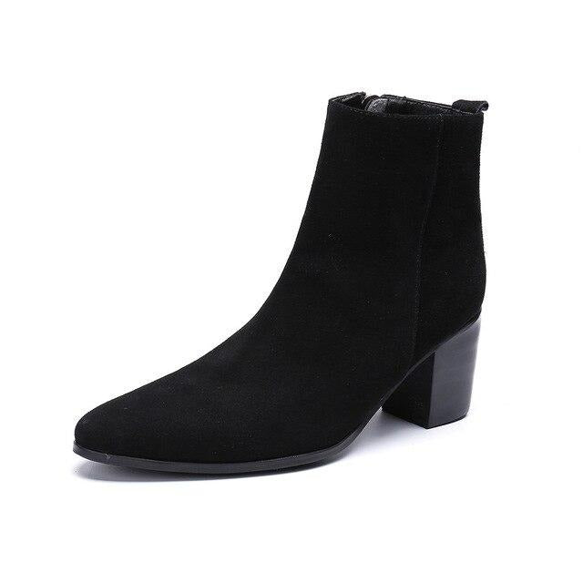 Winter Men Dress Boots Suede Leather High Heel Boots Black Pointed Toe Ankle Boots Large Size Formal Party Shoes - LiveTrendsX