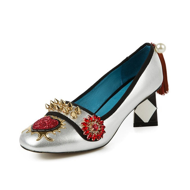 tassel women's shoes from genuine leather rivet woman heels 5.5cm & 8cm  crystal flower slip on pumps ladies - LiveTrendsX