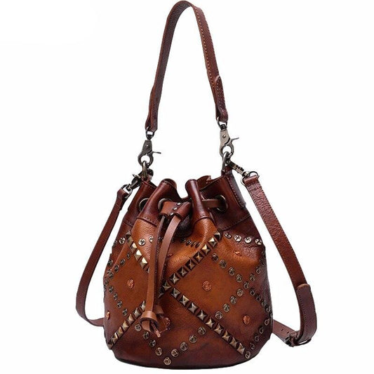 New rivet Women handbag retro casual leather luxury fashion female bucket bag hand strap shoulder Messenger bags - LiveTrendsX