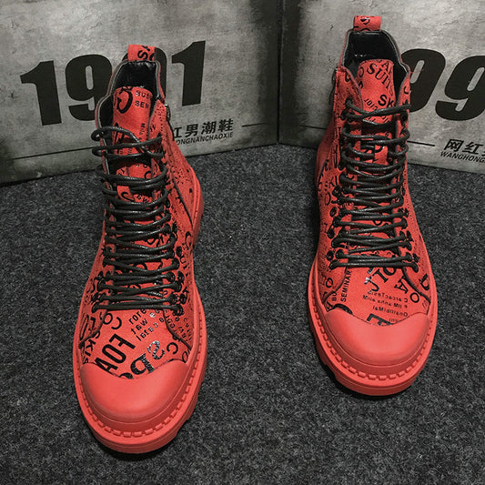 Mens army boots Casual ankle boots High Top Leather Shoes Male RED Hip hop graffiti military boots  sneaker Shoes MM-89 - LiveTrendsX