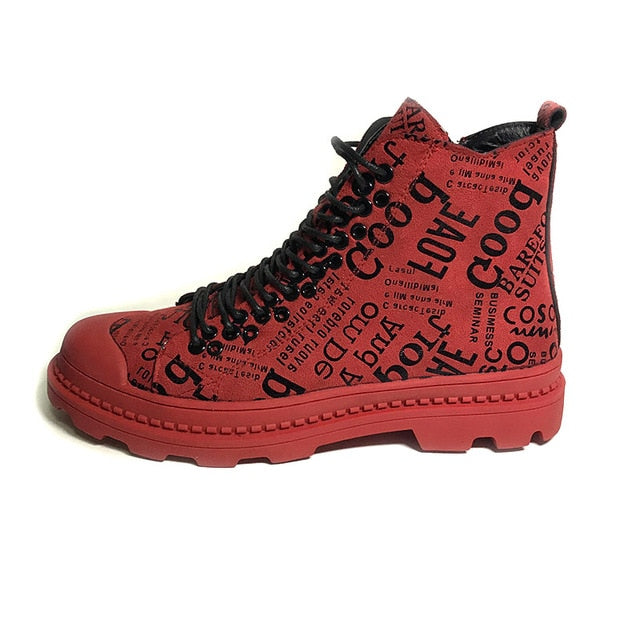 Mens army boots Casual ankle boots High Top Leather Shoes Male RED Hip hop graffiti military boots  sneaker Shoes MM-89 - LiveTrendsX