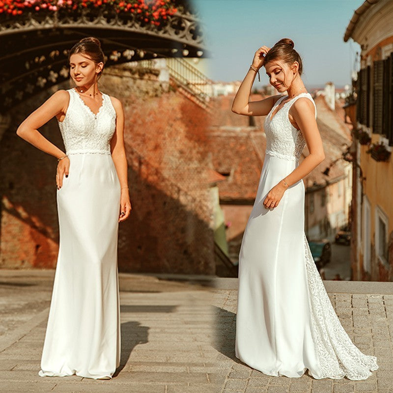 Elegant Ivory Wedding Dress Boho Robe De Mariee Simple A Line V Neck Sleeveless Lace Bridal Gowns Sweep Train Vestido De Noiva - LiveTrendsX