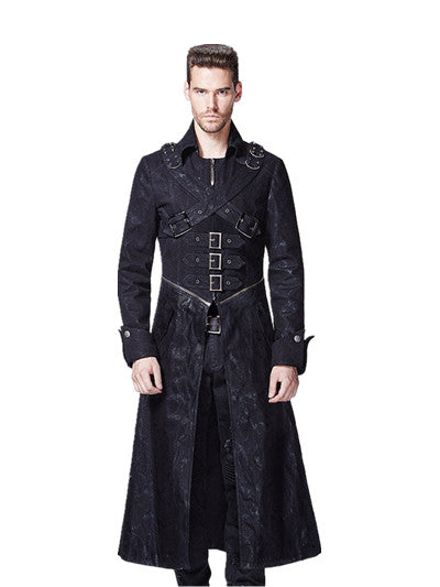 Steampunk Gothic Fashion Men Coffee Dark Twill Long Coat Punk Handsome Leather Loops Hooded Trench Coats Windbreaker Overcoats - LiveTrendsX