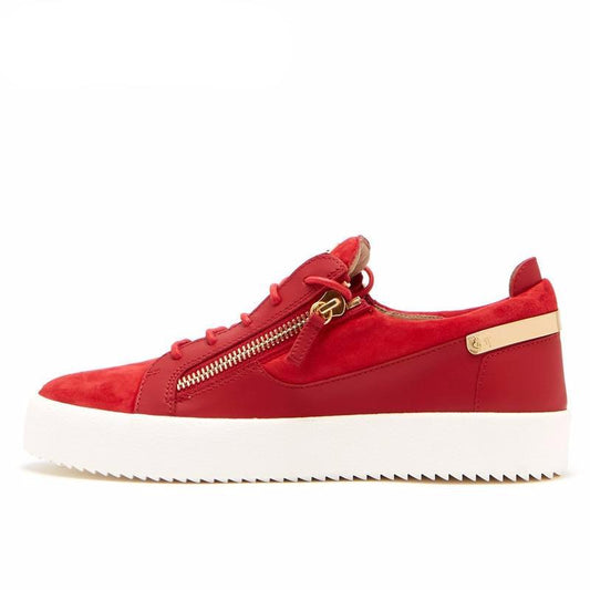 Spring Red Leather and Suede Patchwork Men's Casual Shoes Metal Stud Lace Up Breathable Low top Shoes Male Fashion Sneakers - LiveTrendsX