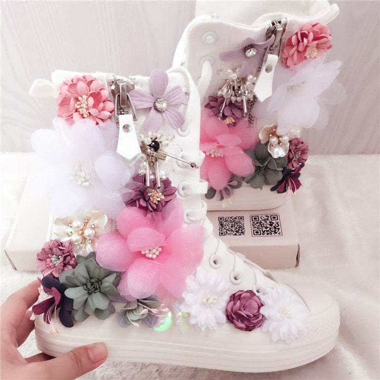 Sweet Flowers Women Canvas Shoes Flat Shoes High Top Manual New Side Zipper Rhinestone Flowers Ladies Canvas Shoes Pearl - LiveTrendsX