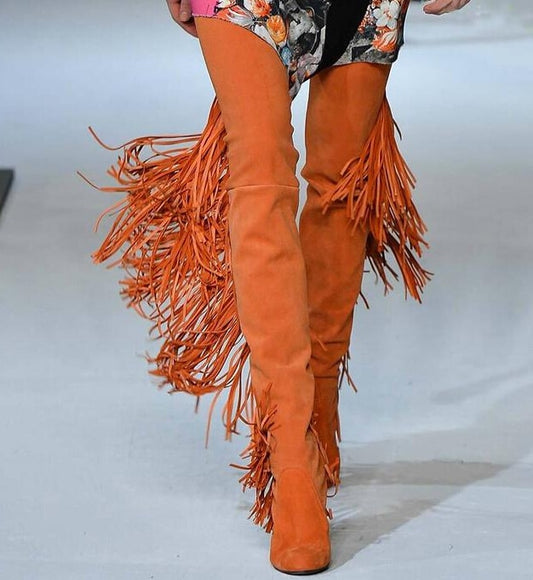 Women Suede Round Toe Side Zipper Over-the-knee Boots With Fringe Lady Solid Square High Heels Dress Runway Shoes Woman - LiveTrendsX