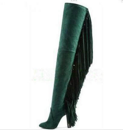 Women Suede Round Toe Side Zipper Over-the-knee Boots With Fringe Lady Solid Square High Heels Dress Runway Shoes Woman - LiveTrendsX