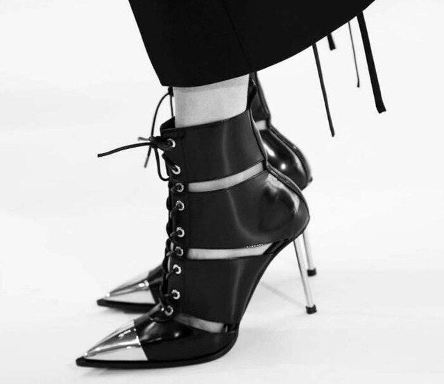 black genuine leather metal high heel ankle boots woman punk rivet lace up boots women sexy hollow out boots - LiveTrendsX