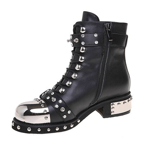 Sexy Rivets Womens Ankle Boots Genuine Leather Chunky Heel Ladies Lace Up Goth Punk Platform Shoes Boots Spring Big Size - LiveTrendsX