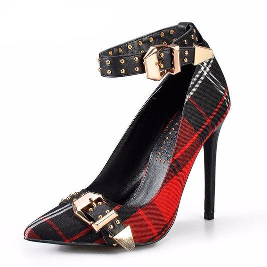 Mary Jane Shoes in Women's Pumps Tartan High Heels Plaid Sexy Dress Shoes with Rivets Ankle Strap Shoes Women Red - LiveTrendsX