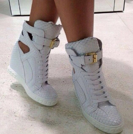 Fashion White Python Leather Ladies Lace Up High Tops Ankle Buckle Women Sexy Wedge Sneakers Cut Out Style Casual Shoes Size 41 - LiveTrendsX