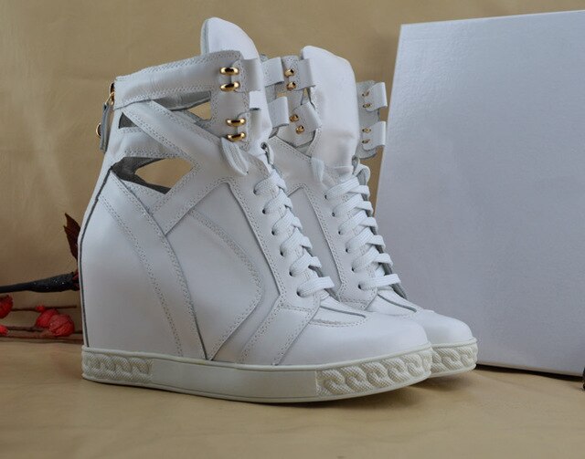 Fashion White Python Leather Ladies Lace Up High Tops Ankle Buckle Women Sexy Wedge Sneakers Cut Out Style Casual Shoes Size 41 - LiveTrendsX