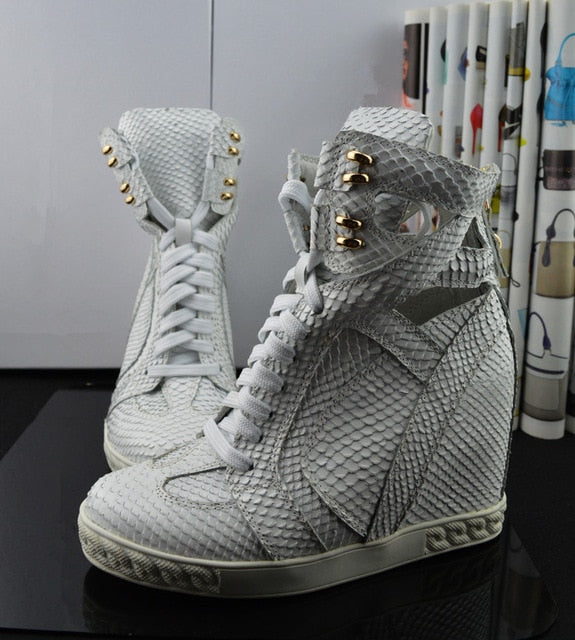 Fashion White Python Leather Ladies Lace Up High Tops Ankle Buckle Women Sexy Wedge Sneakers Cut Out Style Casual Shoes Size 41 - LiveTrendsX