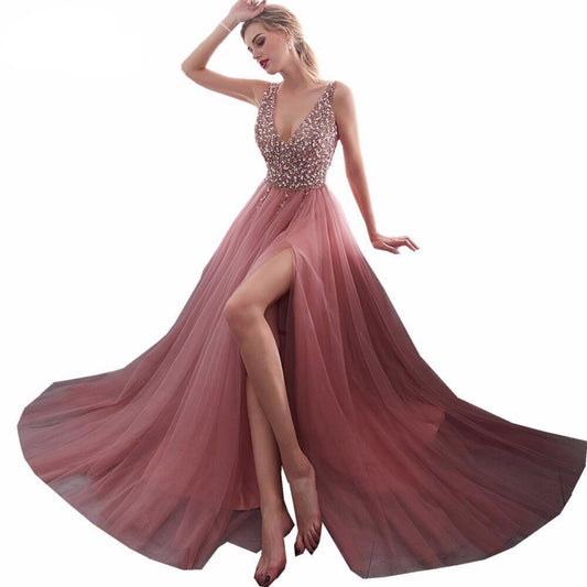 V-neck Evening Gown  Sexy Crystal Beading Split Tulle Prom Dress Floor Length Evening Dress vestido longo festa - LiveTrendsX