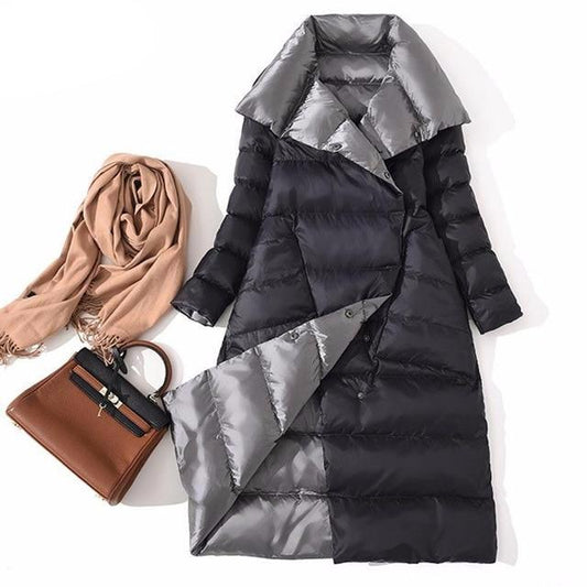 Women Double Sided Down Long Jacket Winter Turtleneck White Duck Down Coat Double Breasted Warm Parkas Snow Outwear - LiveTrendsX