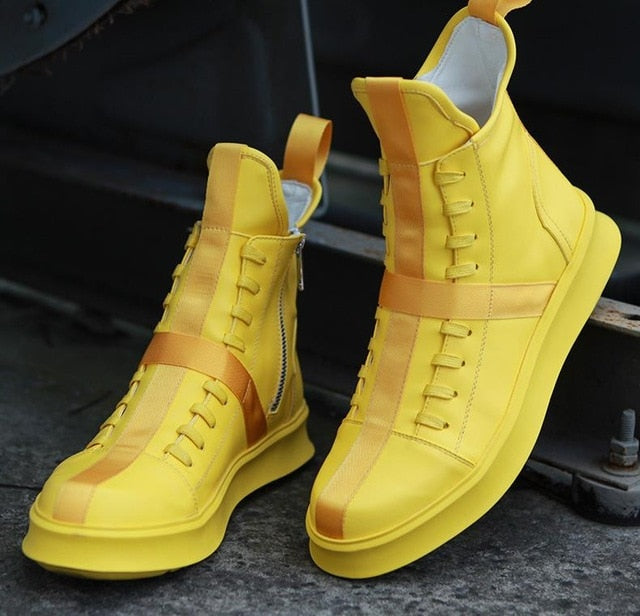 Men Sneakers Hip-hop Street Dance High-top Men's Leather Casual Shoes With Thick Bottom Shoes Star Yellow White Flat Shoes - LiveTrendsX