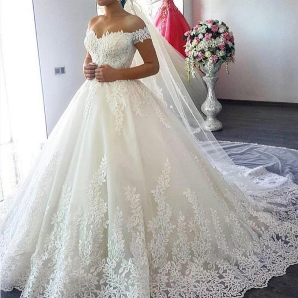 White Off the Shoulder Vestido De Noiva Wedding Dress Train Custom-made Plus Size Bridal Tulle Mariage - LiveTrendsX