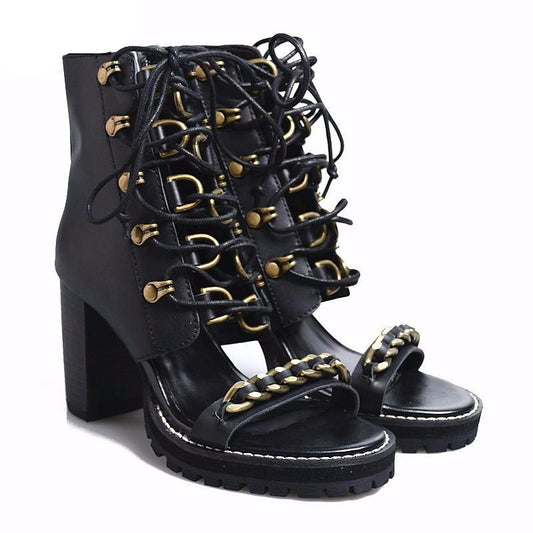 Runway Lace Up Block Heels Sandals Womens Street Black Punk Open Toe High Heels Summer Shoes Genuine Leather Platform Sandals - LiveTrendsX