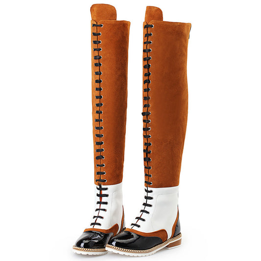 Retro Over The Knee Boots Women Genuine Leather Suede Long Boots Chain Cross-tied Flat Heel Boots Woman - LiveTrendsX