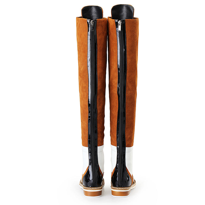 Retro Over The Knee Boots Women Genuine Leather Suede Long Boots Chain Cross-tied Flat Heel Boots Woman - LiveTrendsX