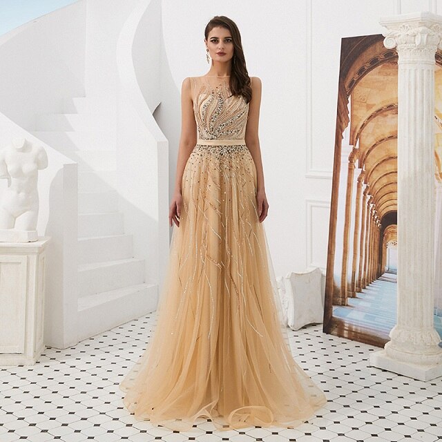 Fashion Women Evening Dress Beads Scoop Neckline A Line Crystal Tulle Evening Gown Gold Long Dresses - LiveTrendsX