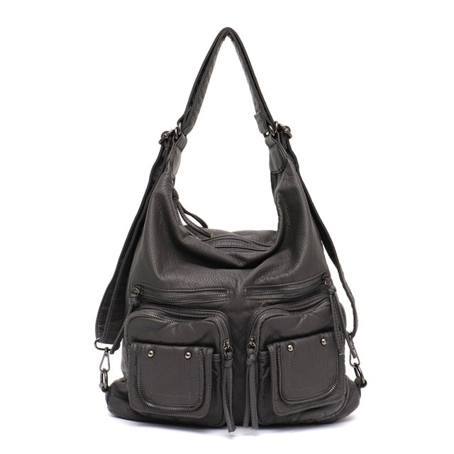 Large Soft Casual Women Bags Functional Girl School Backpack PU Leather Bag Ladies Multi Pockets Messenger&Shoulder Bag - LiveTrendsX
