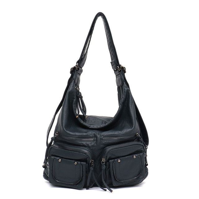 Large Soft Casual Women Bags Functional Girl School Backpack PU Leather Bag Ladies Multi Pockets Messenger&Shoulder Bag - LiveTrendsX