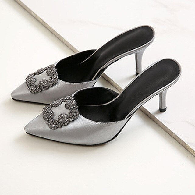 Fashion Drill Satin Slippers Women Sexy Pointed Toe Kitten Heel Mules Rhinestone Square Buckle Outwear High Heel Slides Woman - LiveTrendsX