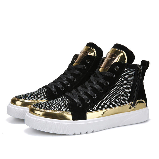 Cool Men High Top Men Gold Glitter Sneakers Lace Up Crystal Platform Flats Gold Shoes Man Sequins krasovki Bling Shoes - LiveTrendsX
