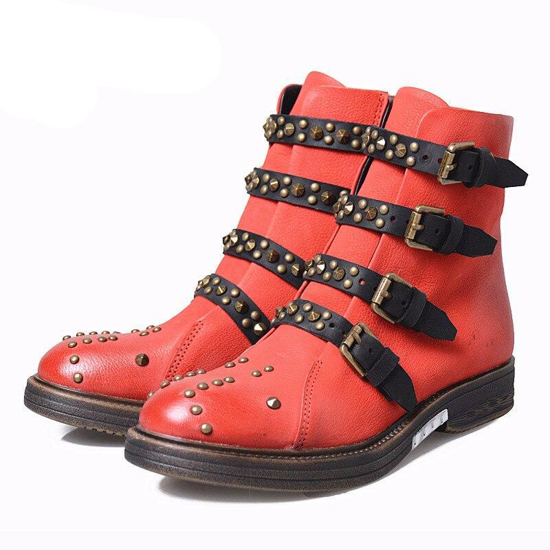 Rivets Studded Ankle Boots for Women Flat Riding Boots Belt Buckle Botas Mujer Female Rubber Genuine Leather Shoes - LiveTrendsX