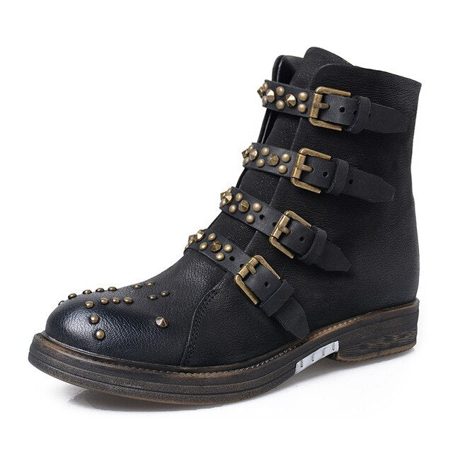 Rivets Studded Ankle Boots for Women Flat Riding Boots Belt Buckle Botas Mujer Female Rubber Genuine Leather Shoes - LiveTrendsX