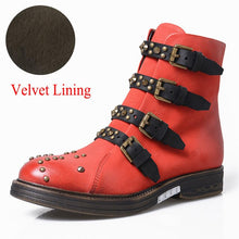 Load image into Gallery viewer, Rivets Studded Ankle Boots for Women Flat Riding Boots Belt Buckle Botas Mujer Female Rubber Genuine Leather Shoes - LiveTrendsX
