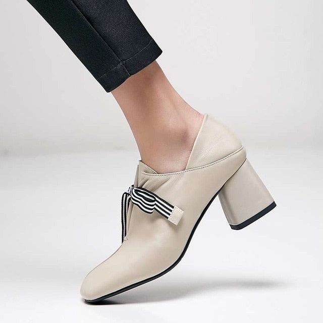 Original design striped lace up fashion British style thick med heels daily wear pumps square toe genuine leather shoes - LiveTrendsX