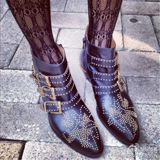 Real Leather Ankle Boots Women Rivets Flower Martin Boots Women Luxury Velvet Boots Zapatos Mujer Big Size 46 - LiveTrendsX