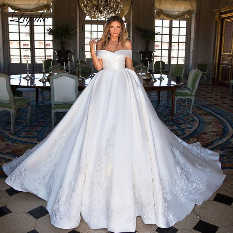 Liyuke Boat Neckline Luxury Ball-Gown Wedding Dress Satin Fabrics Elegant Princess Wedding Gown - LiveTrendsX