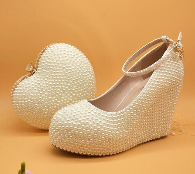 Womens wedding shoes with matching bags High Wedges Heart purse White/Cream Beads party shoes and bags Buckle Strap - LiveTrendsX
