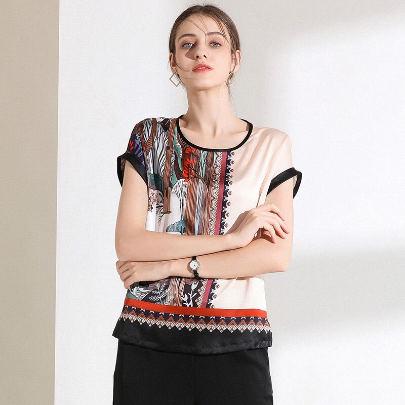 Tees Women 100% Silk Simple Positioning Print Fabric O Neck Short Sleeves 3 Colors Short Sleeve Casual Top - LiveTrendsX