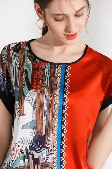 Tees Women 100% Silk Simple Positioning Print Fabric O Neck Short Sleeves 3 Colors Short Sleeve Casual Top - LiveTrendsX