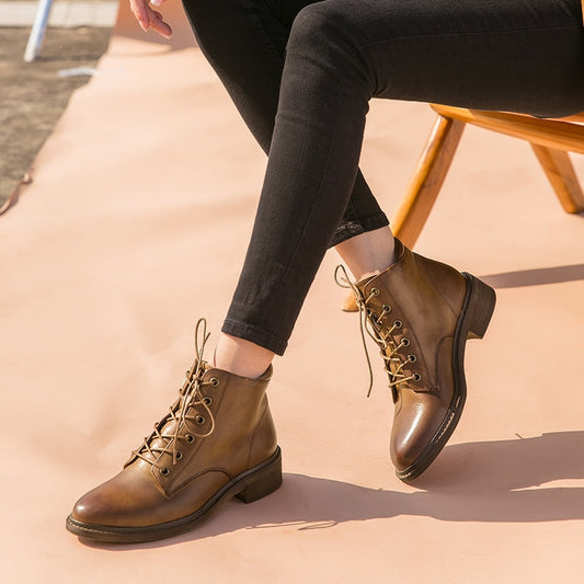Ankle Boots Women Genuine Cow Leather Round Toe Lace-Up Top Brand Winter Female Shoes - LiveTrendsX