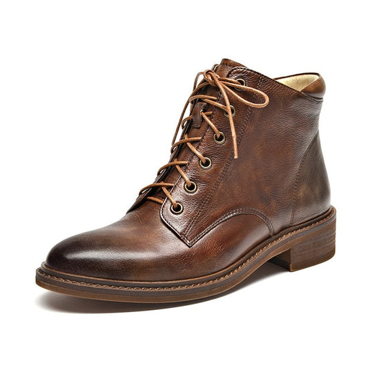 Ankle Boots Women Genuine Cow Leather Round Toe Lace-Up Top Brand Winter Female Shoes - LiveTrendsX