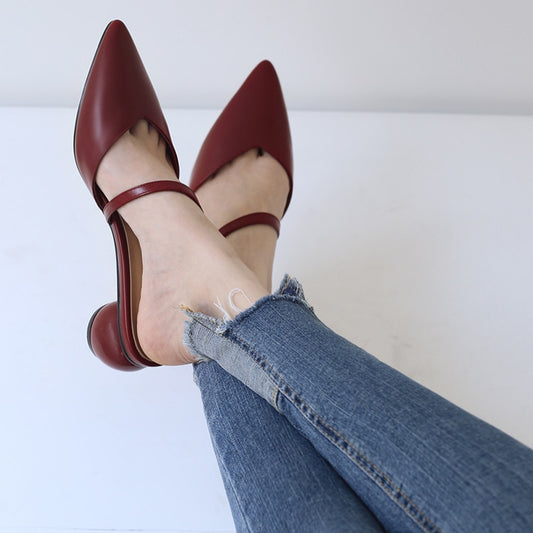 genuine leather sweet shallow buckle strap strange style med heel women sandals pointed toe party brand summer shoes - LiveTrendsX