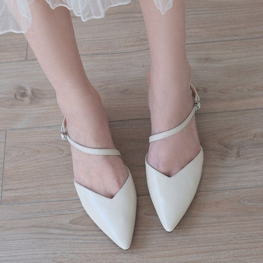 genuine leather sweet shallow buckle strap strange style med heel women sandals pointed toe party brand summer shoes - LiveTrendsX