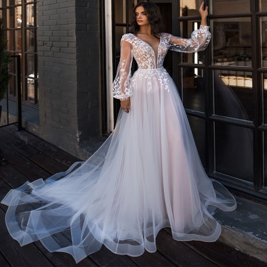 Boho Wedding Dress Puff Long Sleeves A-Line Appliques Floor Length Bride Dress Custom Made Princess Wedding Gown - LiveTrendsX
