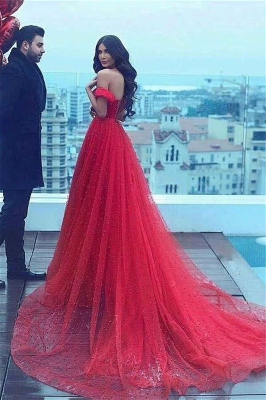 Long Prom A-line Off-the-shoulder Red Beading Prom Dresses Pearls Crystals Saudi Arabia Evening Gowns - LiveTrendsX