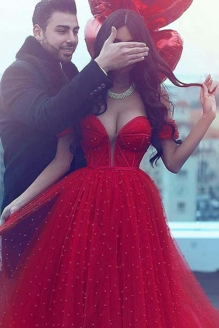 Long Prom A-line Off-the-shoulder Red Beading Prom Dresses Pearls Crystals Saudi Arabia Evening Gowns - LiveTrendsX