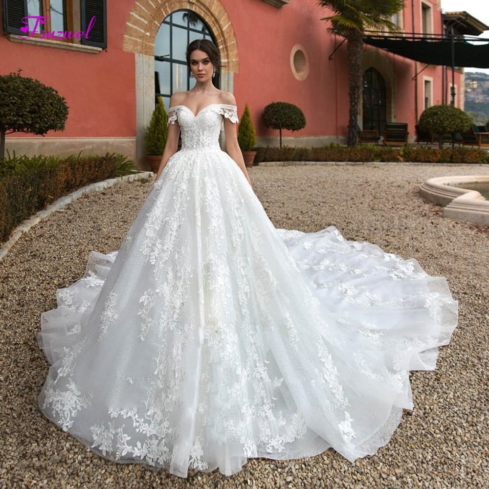 Sexy Boat Neck Lace Up Royal Train A-Line Wedding Dress 2019 Luxury Beaded Appliques Princess Bride Gown Robe De Mariage - LiveTrendsX