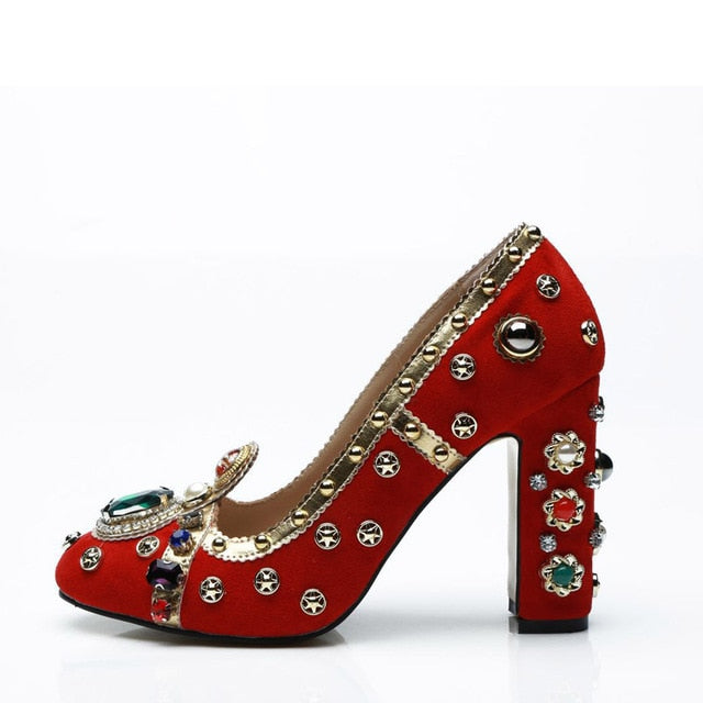 Retro Rhinestone Pearl Embellished Women Pumps Suede Leather Block Heel Vintage Formal Party Shoes - LiveTrendsX