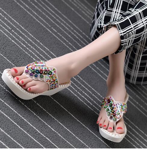 Women Summer Chunky Heels Beading Wedges Platform Retro Slippers  New Arrival Rhinestone Bohemia Style Lady Beach Flip Flops - LiveTrendsX